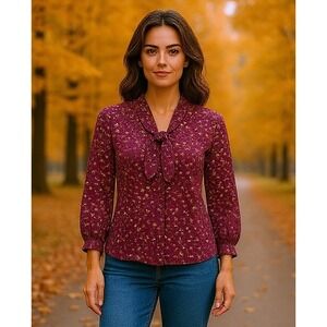 Banana Republic Floral Blouse Large Tie Neck Long Sleeve Plum Purple Cottagecore